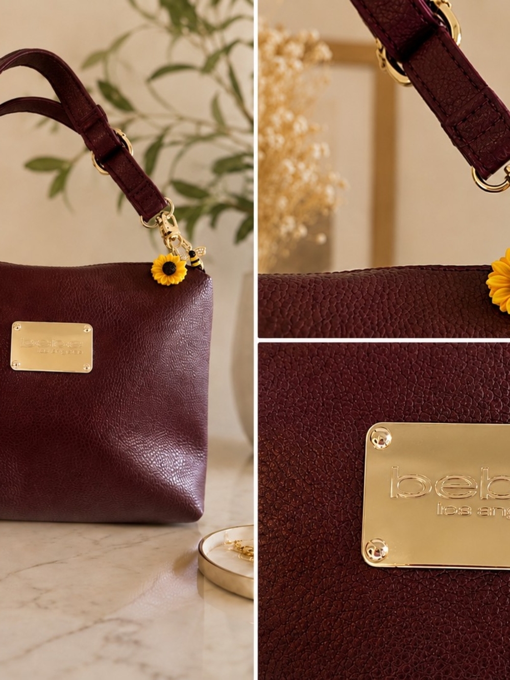 bebe Deep Burgundy Pebbled Shoulder Bag with Gold Plaque